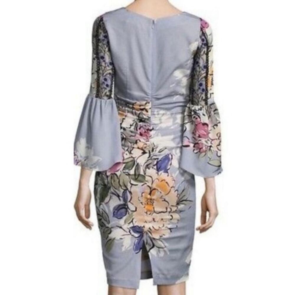 Tracy Reese Womens Size 0 Floral Lace 3/4 Sleeve Ruched Sheath Dress Grey Violet - Picture 2 of 16